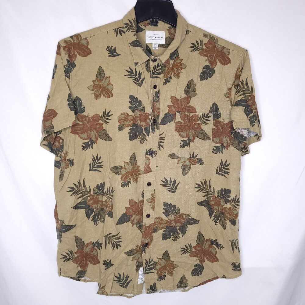 Lucky Brand Linen Shirt Mens Large Green Leaf Floral Short Sleeve